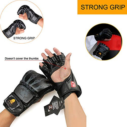 ZooBoo MMA Gloves, Half-Finger Boxing Fight Gloves MMA Mitts with Adjustable Wrist Band UFC Gloves for Sanda Sparring Punching Bag Training (One Size Fits Most) - color: G-Black+White