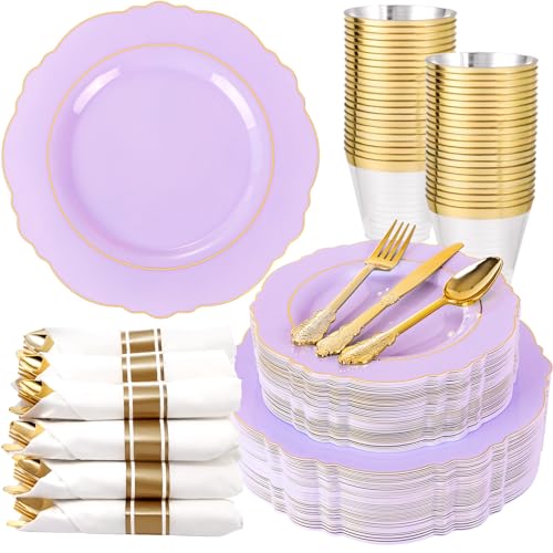 Liacere 350PCS Purple Plastic Plates - Disposable Lavender Plates 50guest Plastic Dinnerware include 100Light purple Plates,50Pack Pre Rolled Napkins Silverware 50Cups for Wedding & Party - color: Light Purple
