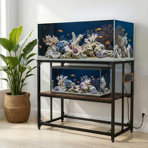40 Gallon Tank Stand with Power Outlets - Heavy Duty Metal Fish Tank Stands for Turtle Reptile Terrarium, 2-Tier Aquarium Stand with Adjustable Wood Storage Shelf, 660LBS Capacity (Rustic Brown, 36.6"x18.5"x29") - color: Rustic Brown-with Power Outlets, s