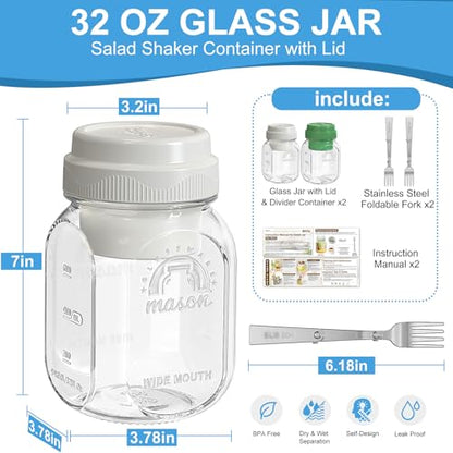 [UPGRADE] 2 Pack Salad Jars with Silicone Dressing Cup, 32 Oz Salad Container for Lunch Meal Prep w Foldable Fork, Separation Divider for Dry Food & Wet Sauce, Salad Pod On The Go for Overnight Oats