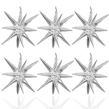 6 Pcs Silver Star Foil Balloons One-Piece 14-Pointed Star Balloon 4D Starburst Cone Mylar Balloon 22inch Christmas Birthday Wedding Wedding Anniversary Party Supplies(Silver) - color: 22 Inches Silver