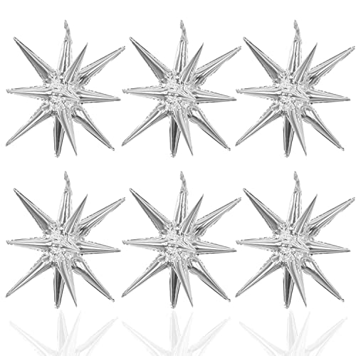 6 Pcs Silver Star Foil Balloons One-Piece 14-Pointed Star Balloon 4D Starburst Cone Mylar Balloon 22inch Christmas Birthday Wedding Wedding Anniversary Party Supplies(Silver) - color: 22 Inches Silver