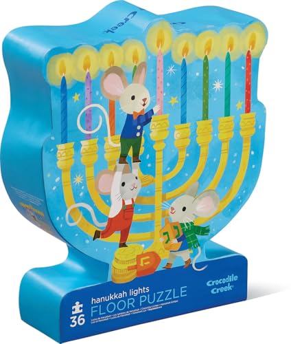 Crocodile Creek 36-Piece Jigsaw Floor Puzzle with Heavy-Duty Shaped Box for Storage, Large 20" x 16" Completed Size, Designed for Kids Ages 3 Years and up, Hanukkah Lights - color: Hanukkah Lights