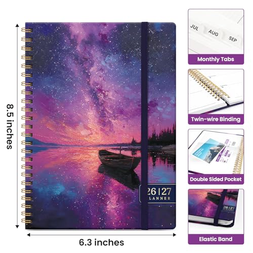 Planner 2026–2027, Academic Monthly Weekly Spiral Calendar, July 2026 – June 2027, Hardcover Agenda Notebook with Tabs, 6.3" x 8.5", Perfect for Students, Teachers, School & Daily Planning - Violet Lagoon - color: R-Violet Lagoon, size: (6.3"x8.5")a5