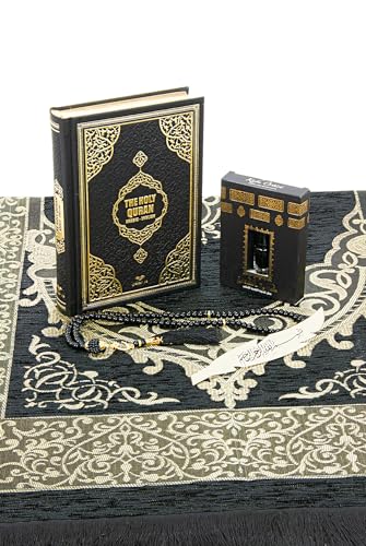 ihvan online Prayer Gift Set for Hajj and Umrah, Muslim Prayer Rug, Prayer Mat, Beads Taasbih, Holy Quran Translated English, Muslim Praying Mat, Islamic Gift Set for Ramadan & Eid, Black - color: Black English