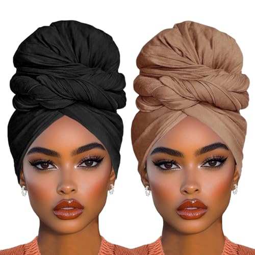 COOKOO 2 Piece Solid Color Stretch Jersey Head Wrap Long Scarf Long African Hair Wraps Stretch Hijab Extra Fashion Head Scarf Soft Head Wraps for Women(Black+Camel) - color: Black+Camel