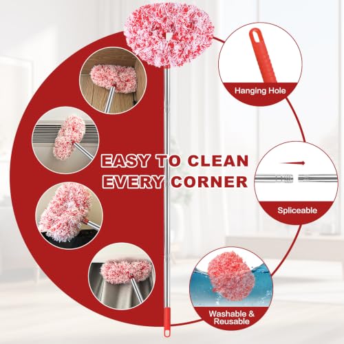 Ceiling Fan Cleaner Duster Reusable Microfiber Ceiling Fan Blade Cleaner Removable Duster with Extension Pole Adjusts 13 to 49.7 Inch for Cleaning Walls Furniture Door Window Top (Red White) - color: Red White