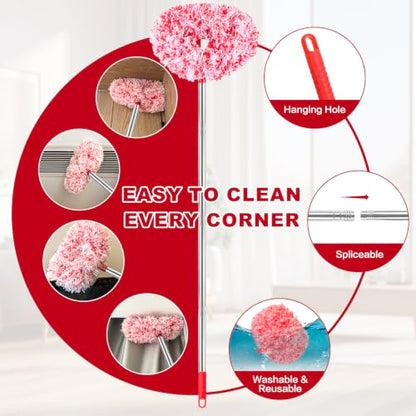 Ceiling Fan Cleaner Duster Reusable Microfiber Ceiling Fan Blade Cleaner Removable Duster with Extension Pole Adjusts 13 to 49.7 Inch for Cleaning Walls Furniture Door Window Top (Red White) - color: Red White