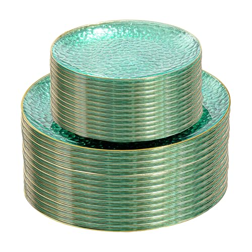 SUT 100Pcs Green Plastic Plates, Hammered Plates Disposable Heavy Duty, Green Disposable Plates With Gold Rim, Fancy Plastic plates Include 50 Dinner plate and 50 Dessert plate for Wedding - color: Green, size: 100PCS