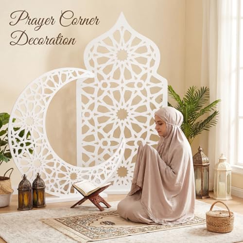 Sintuff 2 Pack Large Wooden Ramadan Decor Islamic Eid Mubarak 3ft Crescent Moon & 4ft Mosque Dome White Floor Decor for Room Entrances Ramadan Kareem Gift Party Home Decoration, Lights Not Included