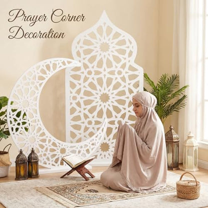 Sintuff 2 Pack Large Wooden Ramadan Decor Islamic Eid Mubarak 3ft Crescent Moon & 4ft Mosque Dome White Floor Decor for Room Entrances Ramadan Kareem Gift Party Home Decoration, Lights Not Included