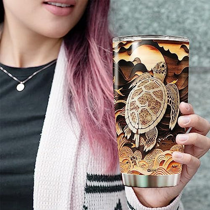 WAZONE Personalized Turtle Tumbler Cup With Lid Animal 20oz 30oz Stainless Steel Wooden Drawings Insulated Coffee Travel Mug Custom Name Customized Present For Turtles Lover Men Women Teen - color: Turtle
