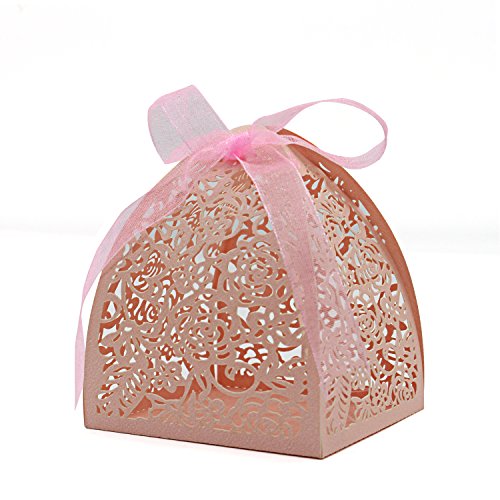 KPOSIYA Pack of 70 Laser Cut Rose Candy Boxes, Favor Boxes 2.5"x 2.5"x 3.1", Gift Boxes Bridal Shower Anniverary Birthday Party Wedding Favor (Pink) - color: Pink, size: 1 Count (Pack of 70)