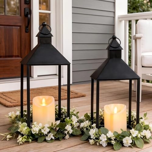 Lantern Decorative Outdoor/Indoor, Set of 2 Black Metal Candle Lanterns - size: 17+13in