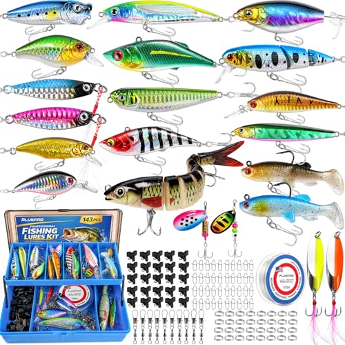 PLUSINNO Fishing Lures Fishing Tackle Box Fishing Gifts for Men, Bass, Trout Fishing Accessories Kit for Saltwater & Freshwater Fishing Gear Including Topwater Lures, Hooks, Spinnerbaits - color: 143pcs Fishing Accessories Kit