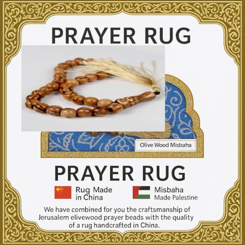 Islamic Prayer Rug with Olive Wood Misbaha – Portable Muslim Prayer Mat & 33 Beads Tasbih from The Holy Land – Ideal for Ramadan, Hajj, Umrah & Daily Salah