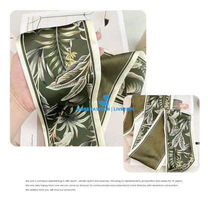 Silk Feeling Head Scarf Fashion Satin Hair Scarf Square Long Scarves for Women Gifts - color: 02 Green Plant Leaf /5.12 X 59 Inch