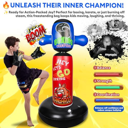 Punching Bag for Kids with 360° Rotating Head, Hyperzoo 63" Heavy-Duty Inflatable Boxing Bag with Glove, Freestanding Punching Bag Toy for Boys & Girls Ages 5–12 – Great