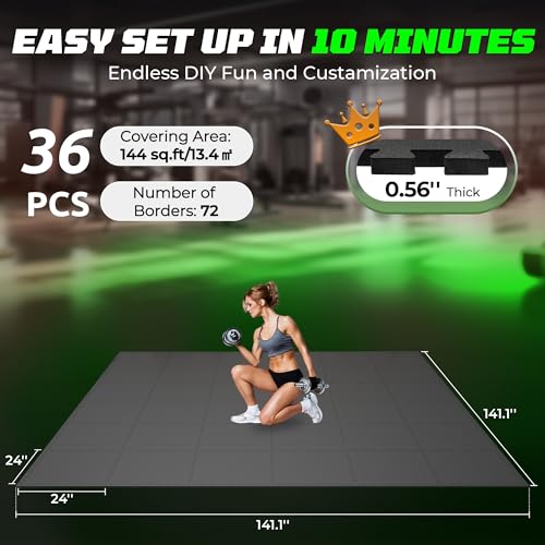 PRAISUN 0.56" Rubber Top Gym Flooring, Heavy Duty Interlocking Gym Mats for Home Gym, Non-Slip Workout Mat, 24 x 24in Large Gym Floor Mat, Protect Floors from Equipment, 144 Sq Ft, Black/Blue - size: 36 Tiles (144 Sq Ft)