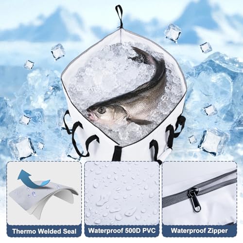 Goture Insulated Fish Cooler Bag, 500D PVC Leakproof Fishing Kill Bag, Portable Waterproof Fish Bags with Carry Handle and Strap, Large Fishing Cooler Bags with Drain Plug, 59.84”x 20.08”x 9.06”