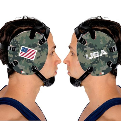 Wrestling Headgear with Ear Protection & Chin Cup Adjustable Lightweight Head Guard for Competition & Practice – Durable Protective Wrestling Ear Guard for Youth & Adult Athletes - color: USA Green Camo