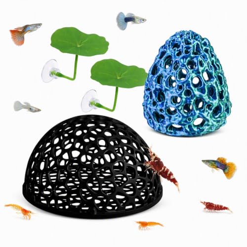 4-Piece Breeding Sanctuary Set with Egg-Shaped and Half-Round Caves, Shrimp Hides for Aquarium,Plastic Aquarium Decorations for Betta Fish and Nano Tanks, Safe Molting Shelters with Leaf Accents