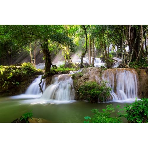 Waterfall Aquarium Background Jungle Plants Rocks Terrarium Background Falls Green Plants Natural Landscape Fish Tank Background Old Tree Waterfall Rock Style Reptile Background Vinyl 24x12in - color: Jade Green, size: 24(W)x12(H)in