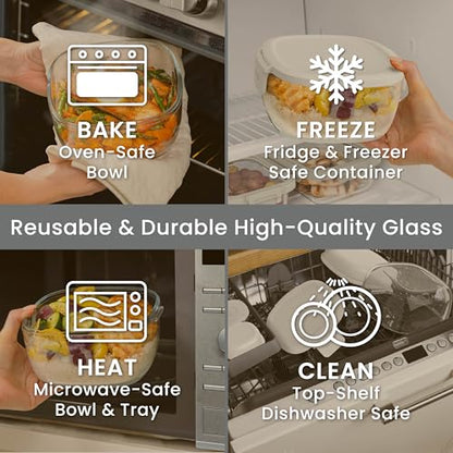 Bentgo Glass Salad Container - 7.6-Cup Salad Bowl with Airtight Lid, Leak-Proof Sauce Container, 4-Compartment Bento Tray & Reusable Fork - BPA-Free for Meal Prep, Office & More (White) - color: White