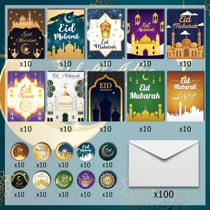 PARSUP 100 Pack Eid Mubarak Cards, Islamic Ramadan Card Paper Greeting Cards Ramadan Mubarak Decorations with 20 Envelopes & Eid Mubarak Stickers for Party Supplies Celebration
