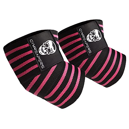 Gymreapers Weightlifting Elbow Wraps (1 Pair) - Flexible 40'' Elbow Compression Strap & Joint Support Brace - for Bench Press, Powerlifting, and Pressing - color: Pink