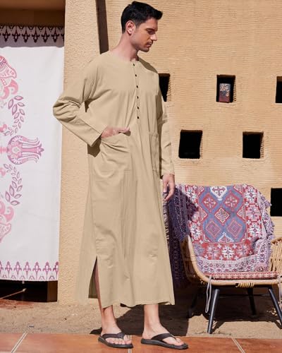 YAOHUOLE Kaftan for Men Long Sleeve Muslim Men Thobe Kaftan Thobe with Pockets - color: Khaki, size: X-Large