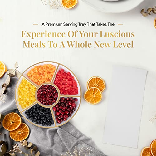 R-kay 4 Pack, 6 Sectional White Plastic Serving Trays For Party With Gold Rim - Heavy Duty Gold Party Trays For Serving Food - 12 Inch Platters - color: White And Gold