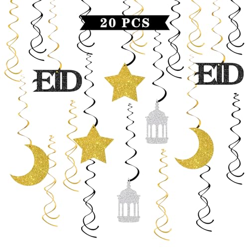 Maicaiffe Eid Ramadan Hanging Swirl Decorations - Glitter 20 Pcs Mubarak Ramadan Party Supplies - Islamic Festival Streamers - Eid Sign Hanging Foil Swirls Ceiling Decorations