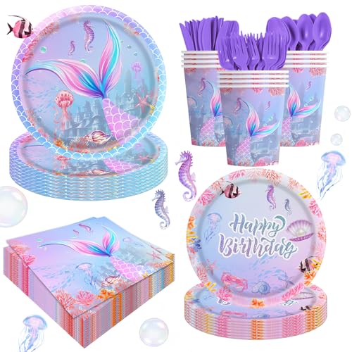 140pcs Mermaid Birthday Party Decorations Set Mermaid Party Supplies Includes Plates, Napkin, Fork, Cup Baby Shower Ocean Birthday Party Decorations, Serves 20 - size: Mermaid - 140pcs