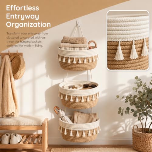 Hanging Basket, Over Door Organizer, 3 -Tier Wall Basket with Hooks | Woven Cotton Basket, Adjustable Hanging Baskets for Organizing, No Drilling for Farmhouse, Boho Home and Nursery Decor - style: Tassel
