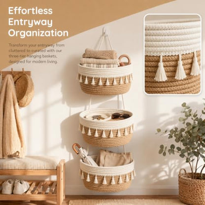 Hanging Basket, Over Door Organizer, 3 -Tier Wall Basket with Hooks | Woven Cotton Basket, Adjustable Hanging Baskets for Organizing, No Drilling for Farmhouse, Boho Home and Nursery Decor - style: Tassel