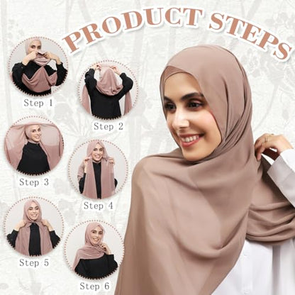 Women Instant Chiffon Hijab Set 3-in-1 Hijabs Scarf Muslim Soft Long Head Scarf with Built-in Magnets and Undercap - color: Khaki