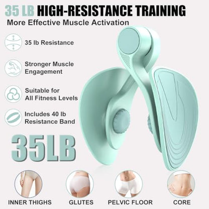 Pelvic Floor Exercise Device with 35 lb Resistance, Kegel and Inner Thigh Muscle Trainer, Home Workout Equipment for Postpartum Recovery, Women & Men, with Band - color: Light Green