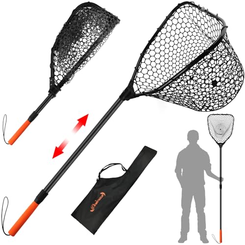 Rubber Fishing Landing Nets Telescopic Handle Nets Folding Nets with Collapsible Handle for Catch & Release Fishing Gift 17.6" dia-13.7" Depth Black/Orange - color: Black