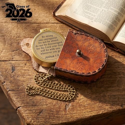Compass – Brass Directional Vintage Compass Engraved with “Be Strong and Courageous” Joshua 1:9 Bible Verse, Baptism 2026 Communion Christian Inspirational Gifts for Women/Men - style: Be Strong- Leather Case