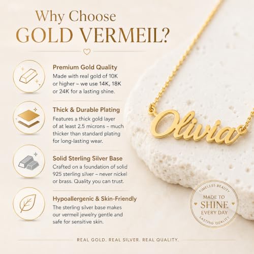 Personalized Vermeil Name Necklace – Custom 14K Gold Plated 925 Sterling Silver Name Necklace, Cursive Script Name Pendant, Handmade Gift for Women, Mom, Bridesmaid, Birthday Jewelry