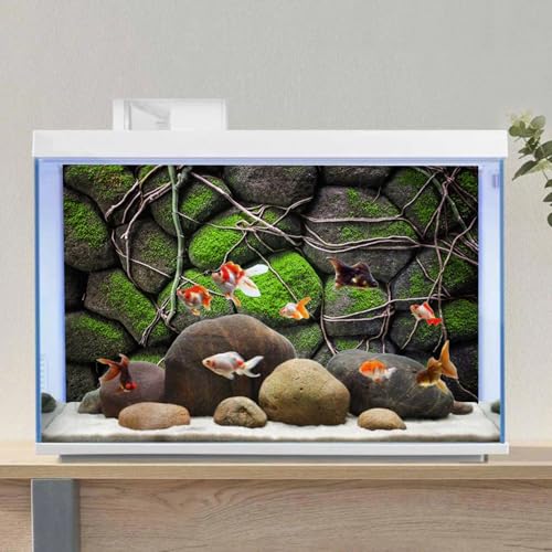 72x24 in Mossy Stone Wall Aquarium Backdrop Rock Fish Tank Background Vinyl - size: 72x24in/180x60cm