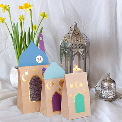 KESOTE 30CT Eid Mubarak Gift Bags Treat Bags with Moon & Star Stickers, Ramadan Countdown Advent Calendar DIY Brown Paper Bags