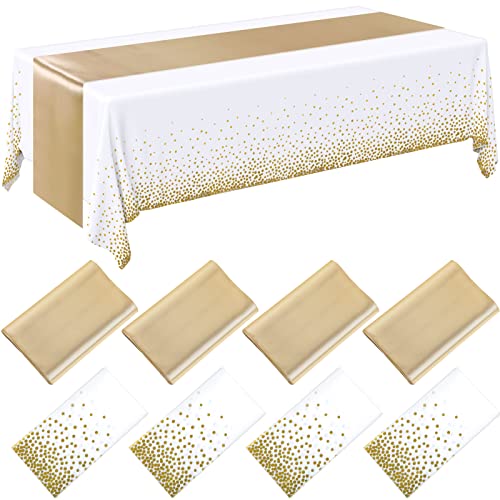 Breling 8 Pack White and Gold Disposable Plastic Tablecloths and Satin Table Runner Set, 54 x 108 Inch Tablecloth, 12 x 108 Inch Table Runners for Wedding First Communion Baby Shower Graduation - color: Gold