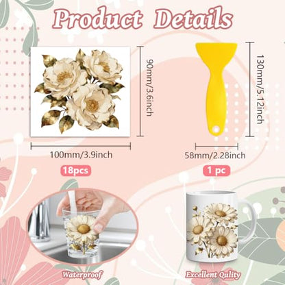 Peacoblue 18 Sheets Rub on Transfers for Crafts, Platinum Bouquet with Golden Flowers 3.6"x3.9" UV DTF Cup Wraps Waterproof Cold Transfers Stickers for Wood Glass Cup Tumblers Mirrors Mugs Decor - style: Platinum Bouquet with Golden Flowers