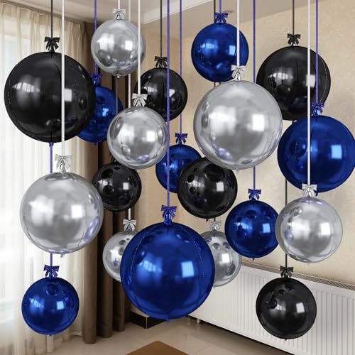 Togvu Black Blue Silver Round Balloons, 15PCS Different Sizes 4D Metallic Foil Balloon Large Sphere Mirror Ball Balloons for Prom Graduation New Year Birthday Party Ceiling Decorations Supplies - color: Black Blue Silver