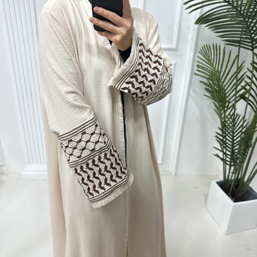 Muslim Abayas for Women Long Sleeve Embroidered Open Front Cardigan Turkey Dubai Maxi Kaftan Dress Ramadan Kimono with Belt - color: Beign, size: Small