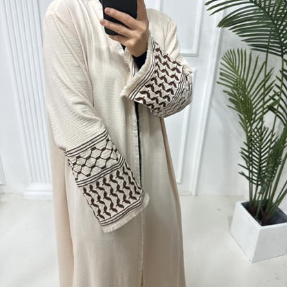Muslim Abayas for Women Long Sleeve Embroidered Open Front Cardigan Turkey Dubai Maxi Kaftan Dress Ramadan Kimono with Belt - color: Beign, size: Small