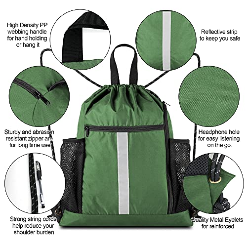 BeeGreen Green Drawstring Bag Gym Cinch Backpack w Shoe Compartment and Two Side Pockets Machine Washable Sports Sinch Sack String Sackpack for Swim Equipment Beach Travel - color: Green, style: Drawstring With Shoe Compartment