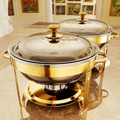 Chafing Dishes for Buffet, 4 Pack 5QT Round Stainless Steel Chafing Dish Set for Home Parties, Christmas Gatherings, Catering Events Complete Buffet Warmer Set (Golden 2) - color: Golden 2